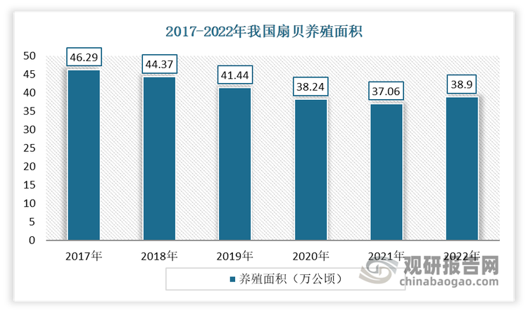 扇贝广泛分布于世界各大洋，我国南北沿海地区均有分布，主要以浮游生物、细菌和有机碎屑为食。近年来，我国扇贝养殖面积有所波动但总体保持稳定。数据显示，2022年我国扇贝养殖面积为38.9万公顷，实现一定的恢复性增长；其中，辽宁、山东二地的养殖面积合计占全国比重的86.5%。