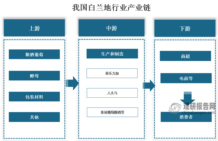 产业链来看，我国白兰地行业产业链上游主要包括粮酒葡萄、酵母等原辅材料、酒瓶、酒盖（塞）、包装纸箱等包装物中游主要是白兰地酒的生产和制造，代表企业有保乐力加、人头马、张裕葡萄酿酒等，下游成品经过商超、电商等销售渠道，最终到达消费者手中。
