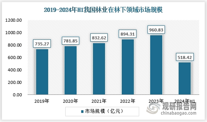 林下经济，主要是指以林地资源和森林生态环境为依托，发展起来的林下种植业、养殖业、采集业和森林旅游业。林下经济投入少、见效快、易操作、潜力大。发展林下经济，对缩短林业经济周期，增加林业附加值，促进林业可持续发展，开辟农民增收渠道，发展循环经济，巩固生态建设成果，都具有重要意义。可以这么说，发展林下经济让大地增绿、农民增收、企业增效、财政增源。十年树木是林业生产的基本特征。相对漫长的林木生产周期，对林业发展以及对林改后农民发家致富是一个重要的制约因素。只有让林地早点下“金蛋”，才能更好地促进林业生态建设及产业发展，才能更好地以良好的经济效益巩固林改成果，在兴林中富民，在富民中兴林。2024年上半年，林业在林下经济市场规模约为518.42亿元。 