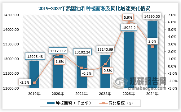 播种面积来看，2019-2024年，我国油料作物播种面积从12925.43千公顷增长至14290千公顷。整体来看，近六年我国油料作物播种面积值呈先升后降再升走势。